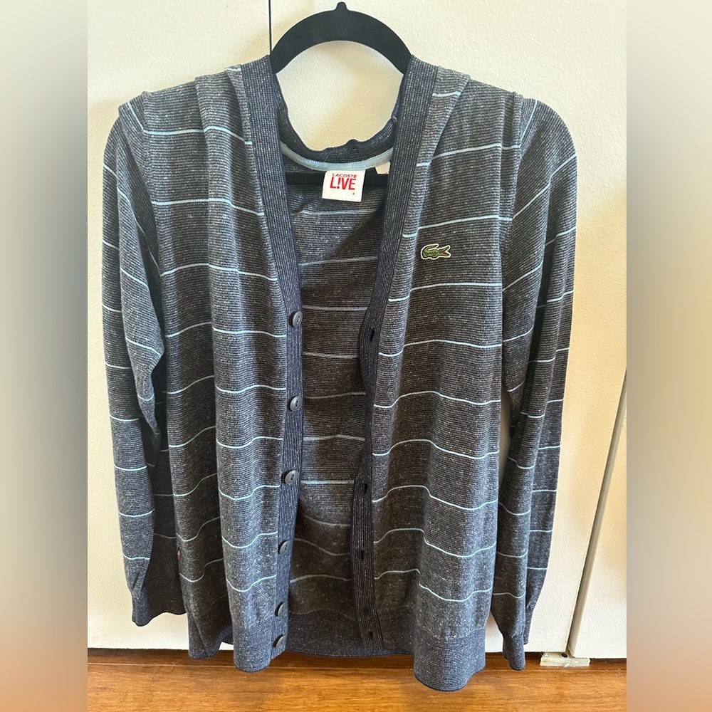 Lacoste Gray Striped Cardigan Sweater with Blue Stripes